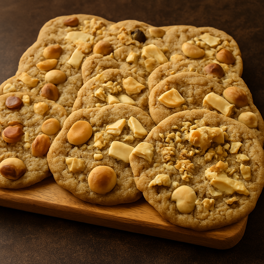 Cookies with nuts and chocolate chips on a wooden board against a dark background