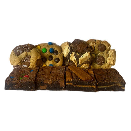 Assorted cookies and brownies on a white background