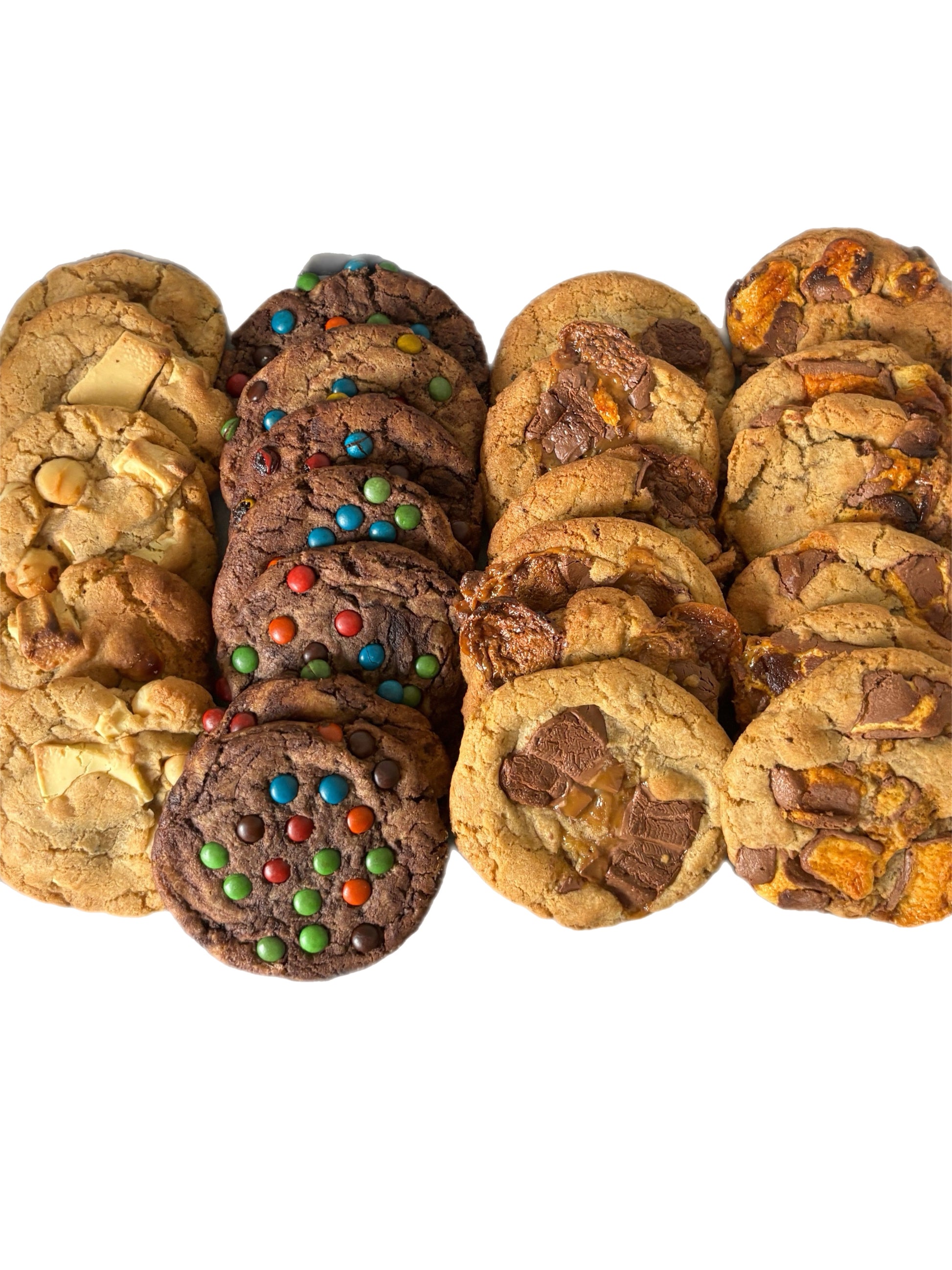 An assortment of cookies with visible chocolate chips and nuts, arranged on a surface.